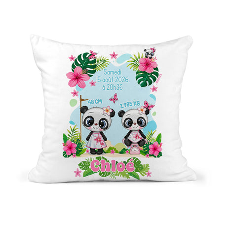 Coussin de naissance personnalisé Malia la Panda avec prénom et informations de naissance – EMANO