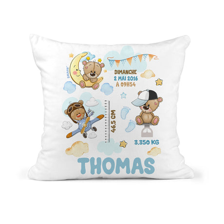 Coussin de naissance personnalisé Malo l’Ourson – création EMANO