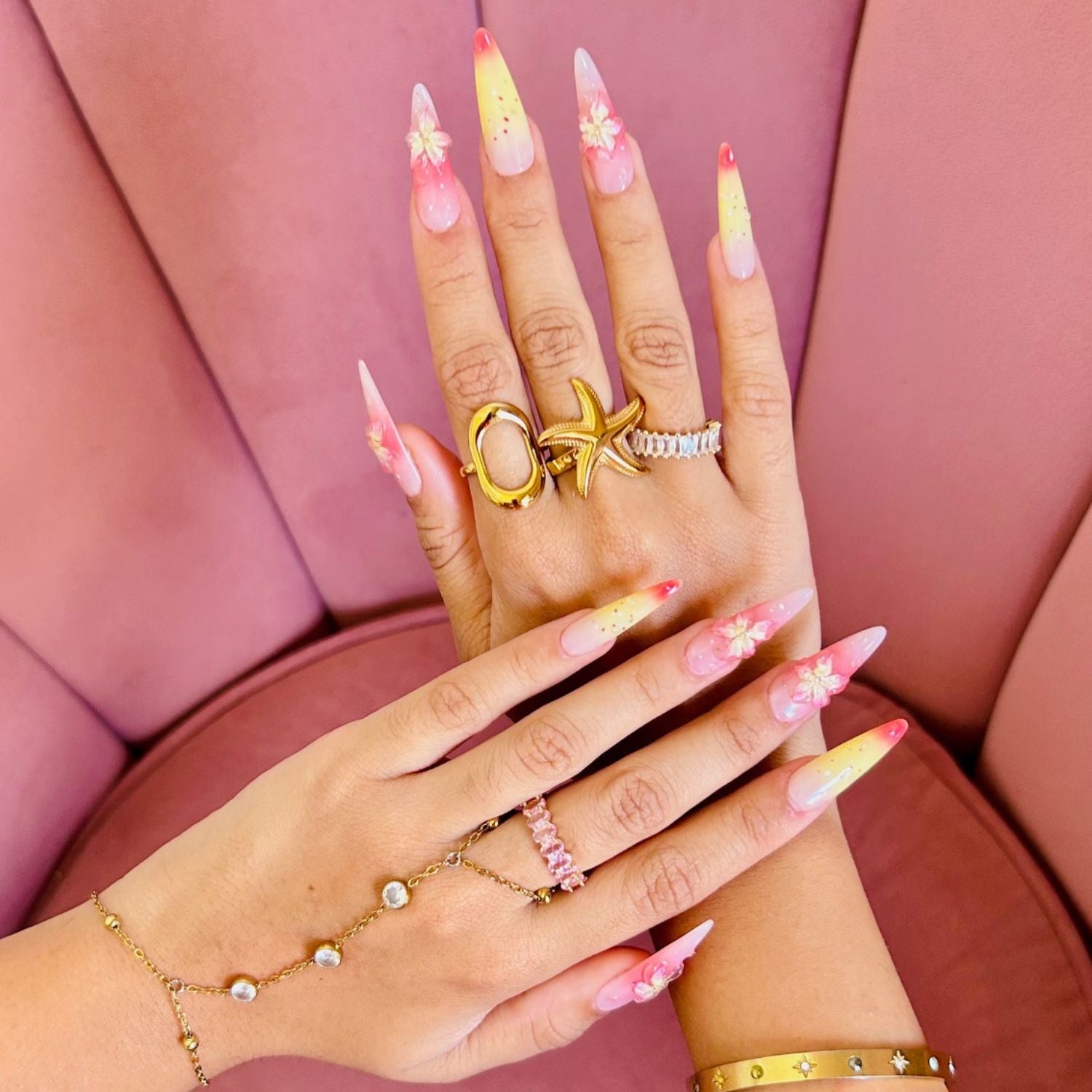 Press On Nails Sunset Love EMANO – Faux ongles faits main dégradé orange rose avec fleurs