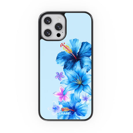 Coque iPhone Pacific Blue EMANO avec hibiscus et fleurs tropicales bleues