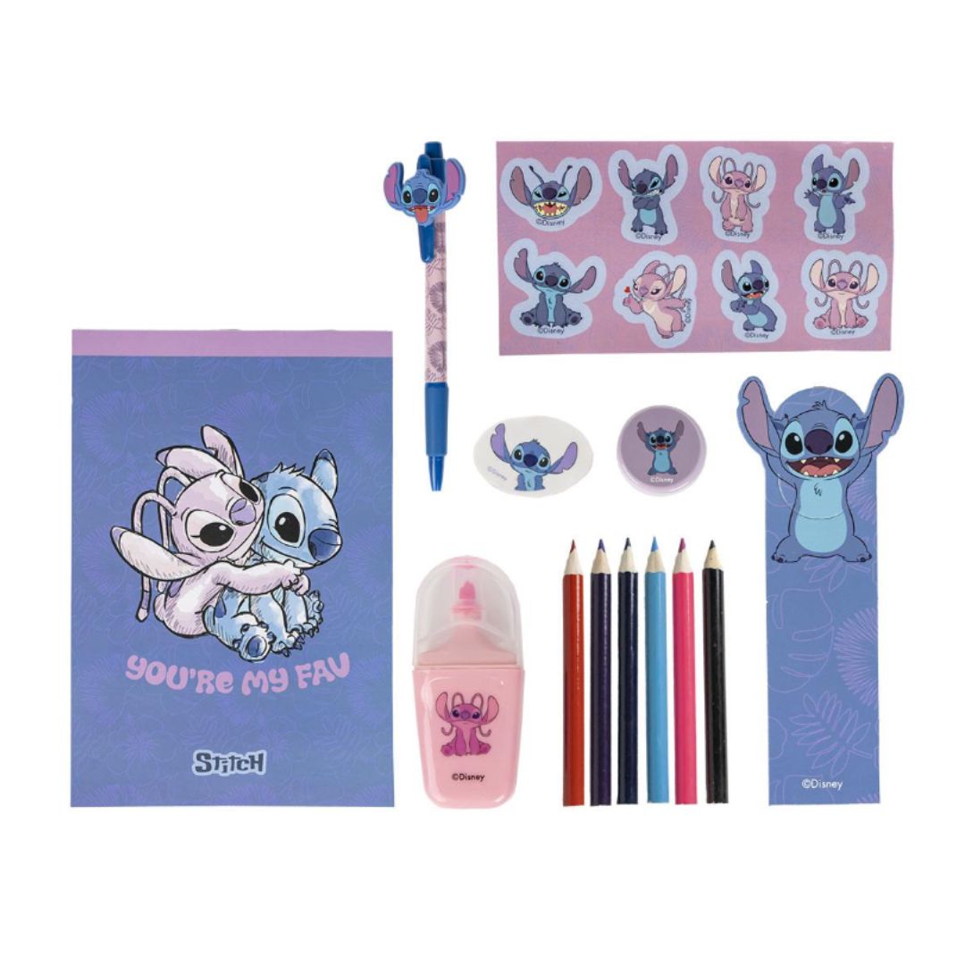 Coffret papeterie Stitch Disney 12 pièces avec carnet, crayons, stickers et accessoires, présenté dans une boîte décorée Stitch