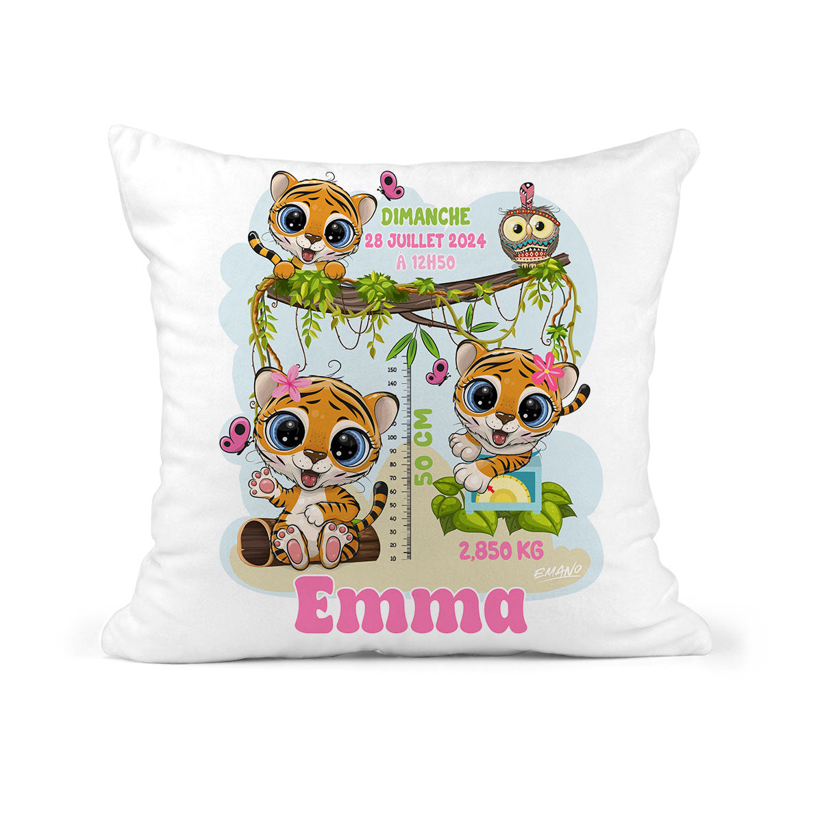 Coussin de naissance personnalisé Kira la Tigresse pour bébé fille avec prénom et informations de naissance – création EMANO Nouvelle-Calédonie