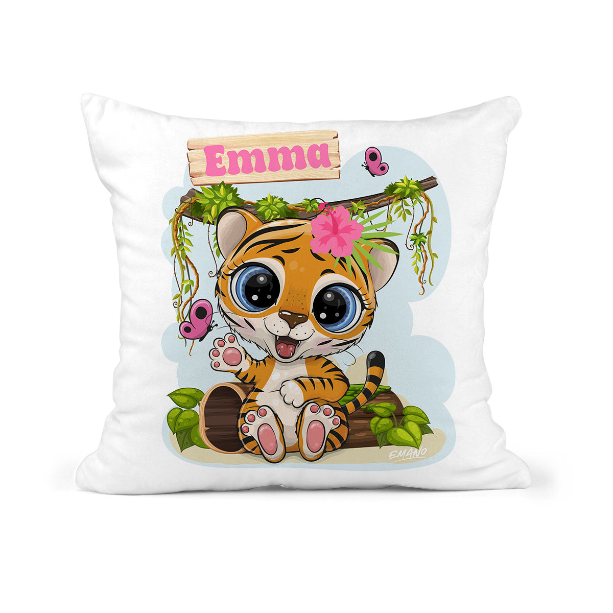 Coussin de naissance personnalisé Kira la Tigresse pour bébé fille avec prénom et informations de naissance – création EMANO Nouvelle-Calédonie