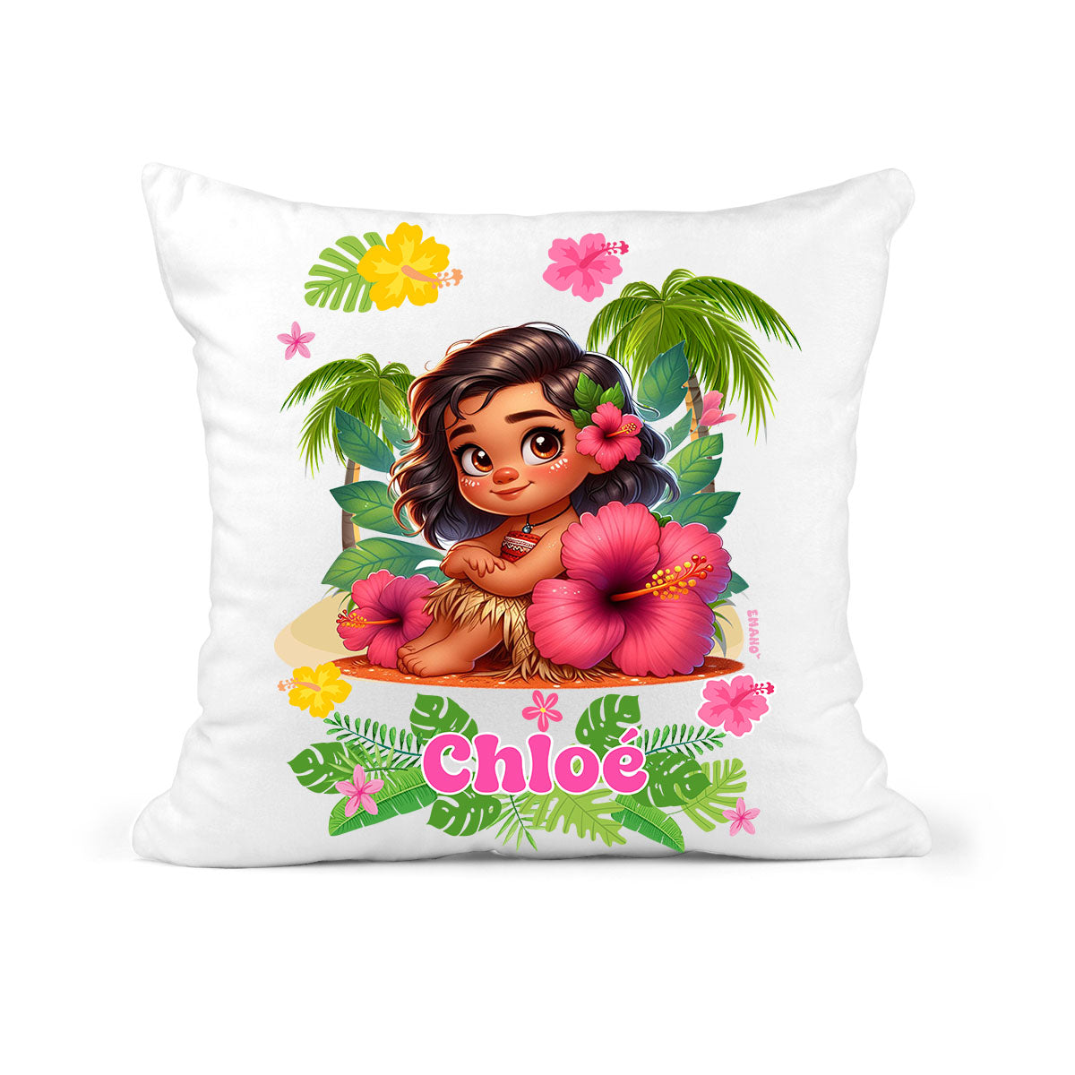 Coussin de naissance personnalisé thème Vahiné avec prénom, date de naissance, taille et poids du bébé – création EMANO Nouvelle-Calédonie