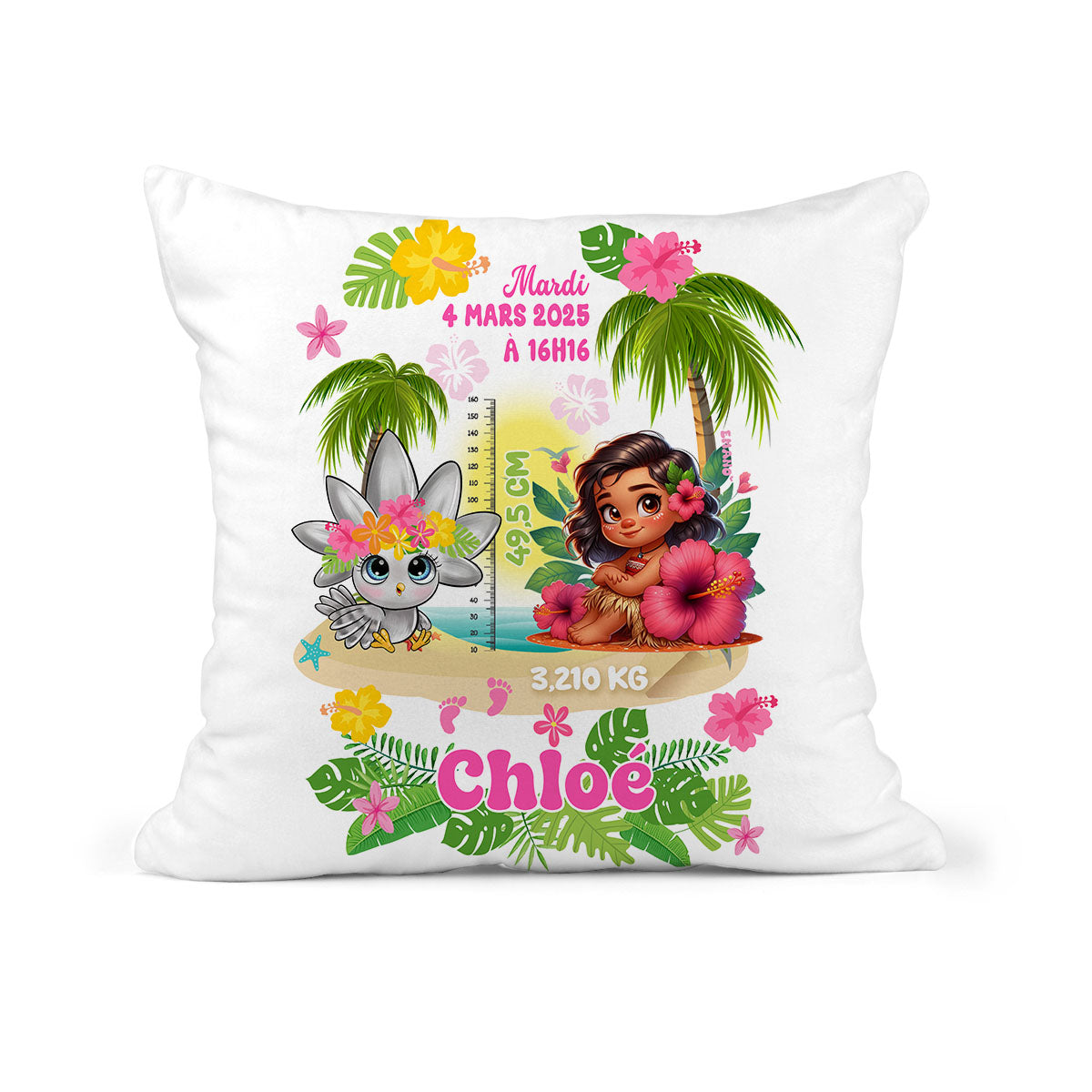 Coussin de naissance personnalisé Vahiné et Bibou le Cagou avec prénom du bébé – création EMANO Nouvelle-Calédonie