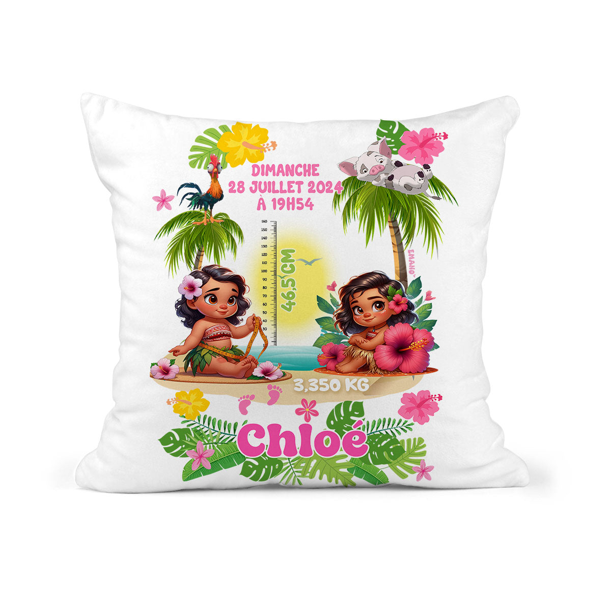 Coussin de naissance personnalisé thème Vahiné avec prénom, date de naissance, taille et poids du bébé – création EMANO Nouvelle-Calédonie