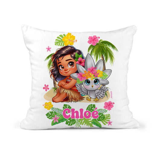 Coussin de naissance personnalisé Vahiné et Bibou le Cagou avec prénom du bébé – création EMANO Nouvelle-Calédonie