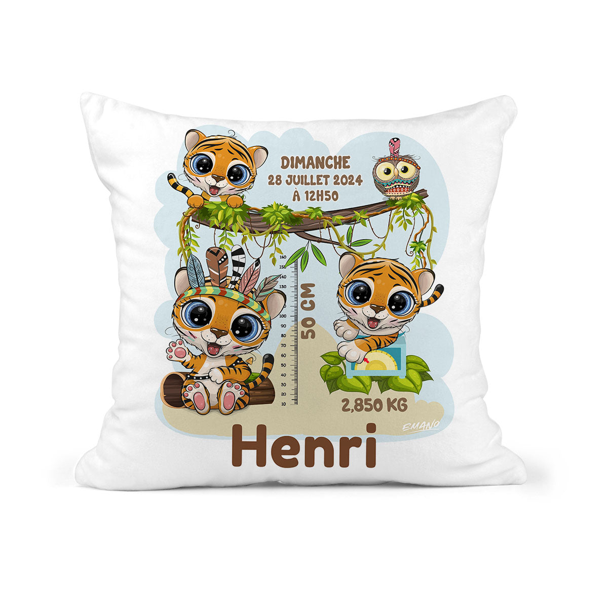 Coussin de naissance personnalisé Timo le Tigre pour bébé garçon avec prénom et informations de naissance – création EMANO Nouvelle-Calédonie