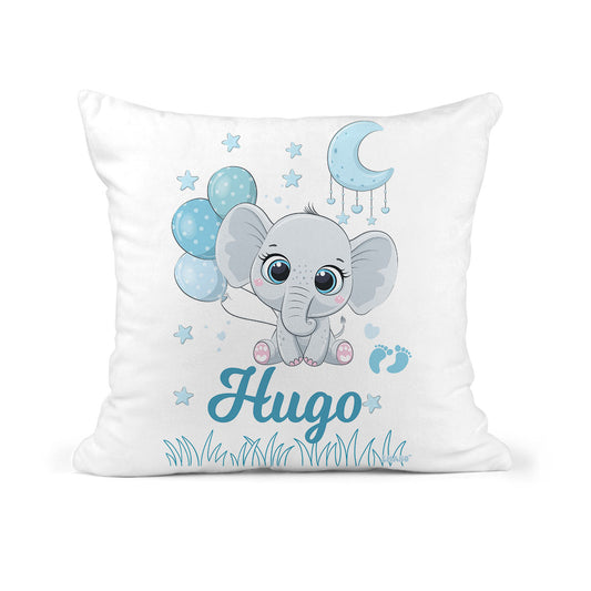 Coussin de naissance personnalisé Léo l’Éléphant pour bébé garçon avec prénom – création EMANO Nouvelle-Calédonie