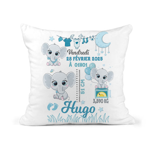 Coussin de naissance personnalisé Léo l’Éléphant pour bébé garçon avec prénom – création EMANO Nouvelle-Calédonie