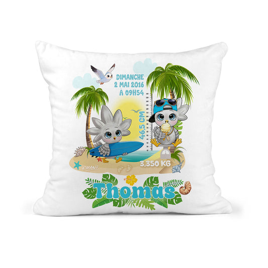 Coussin de naissance personnalisé avec prénom et informations de naissance – Titou le Cagou EMANO