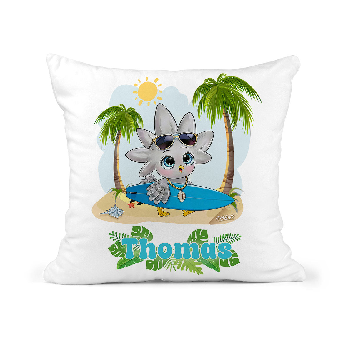 Coussin de naissance personnalisé Titou le Cagou – illustration tropicale EMANO