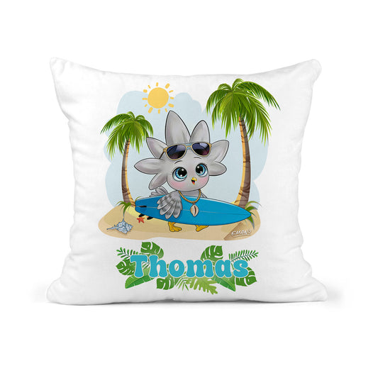 Coussin de naissance personnalisé Titou le Cagou – illustration tropicale EMANO