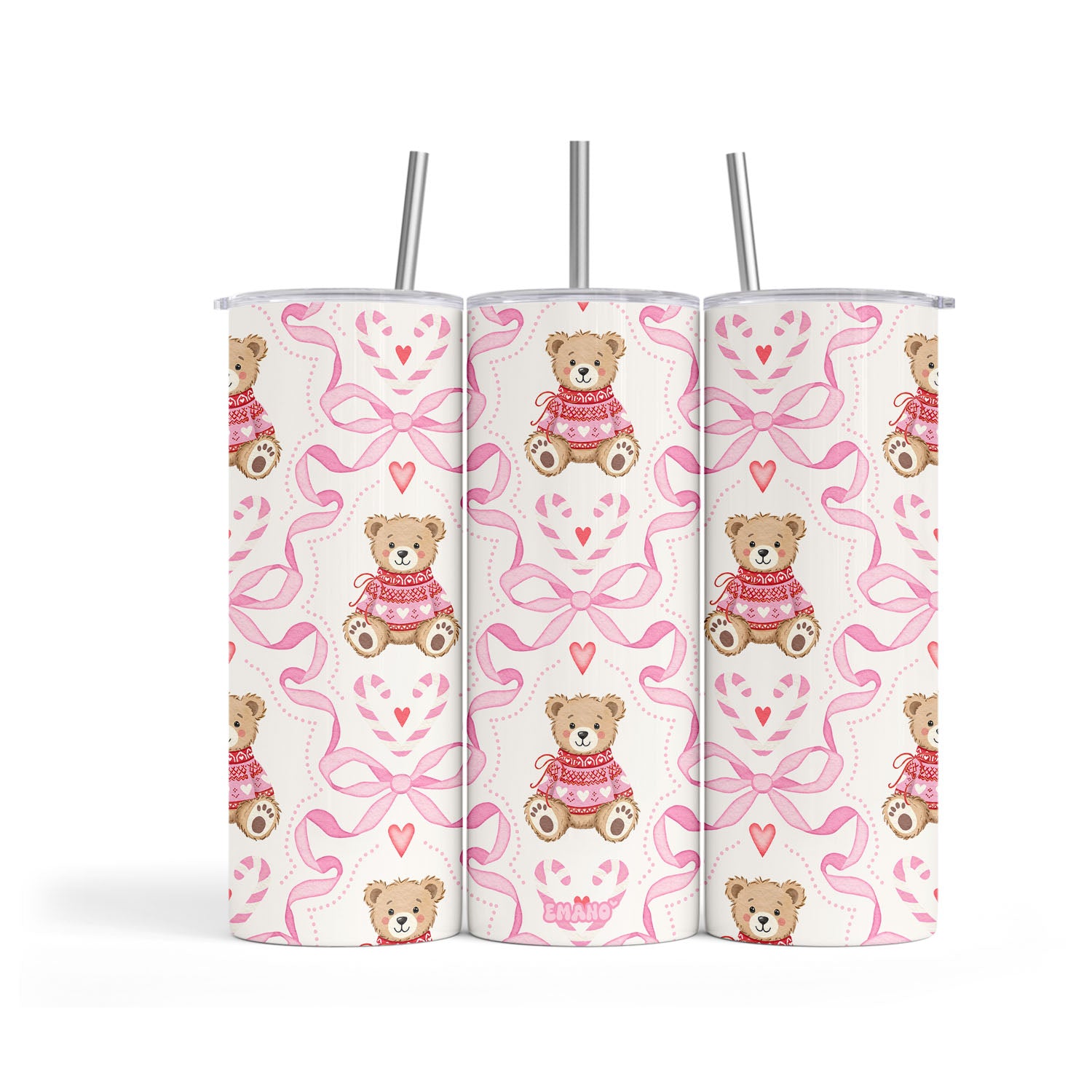 Tumbler isotherme rose EMANO avec ourson, cœurs et nœuds style coquette Saint-Valentin