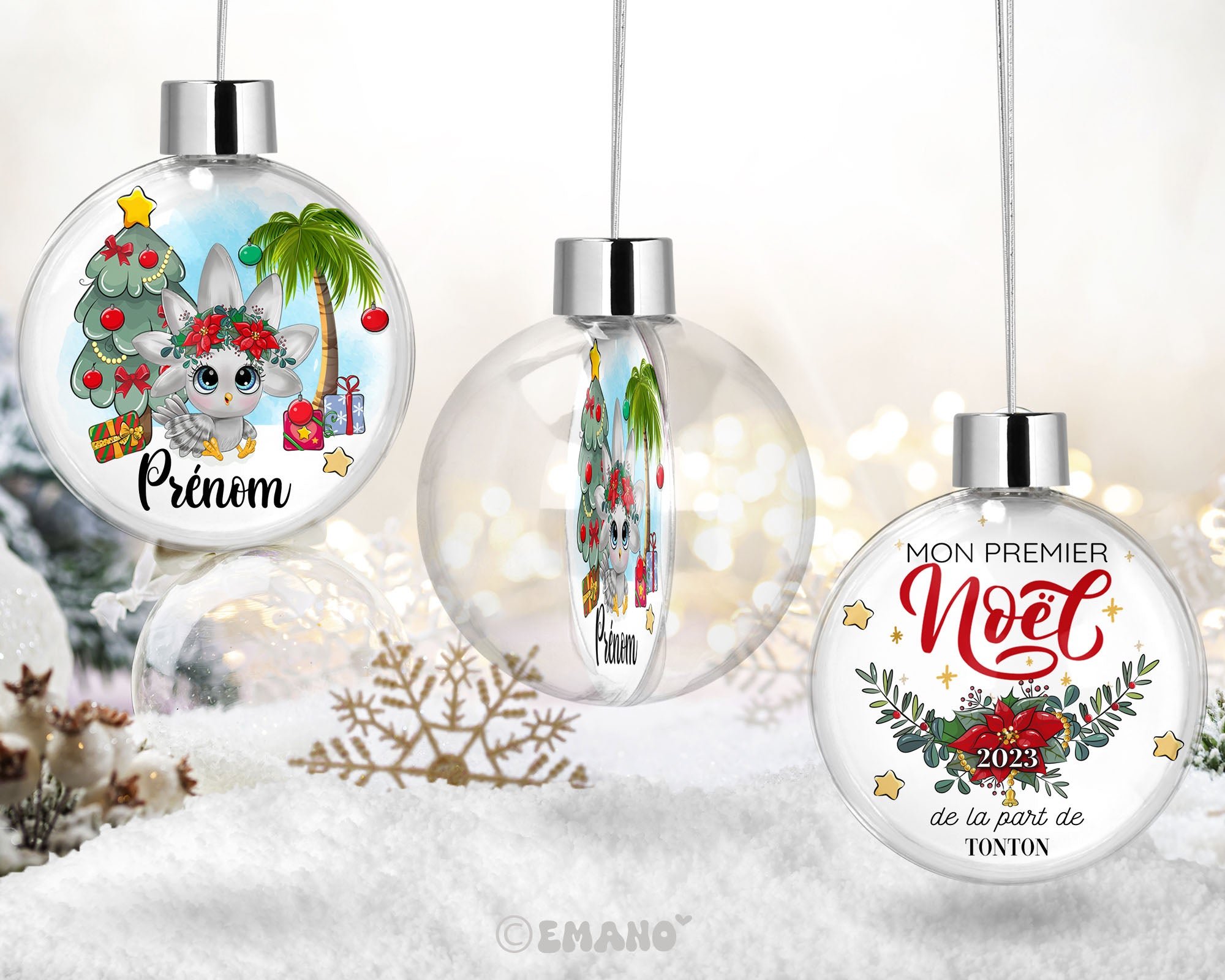 Une décoration de Noël personnalisée avec le prénom de votre choix, ornée de motifs festifs pour illuminer votre sapin et votre maison.