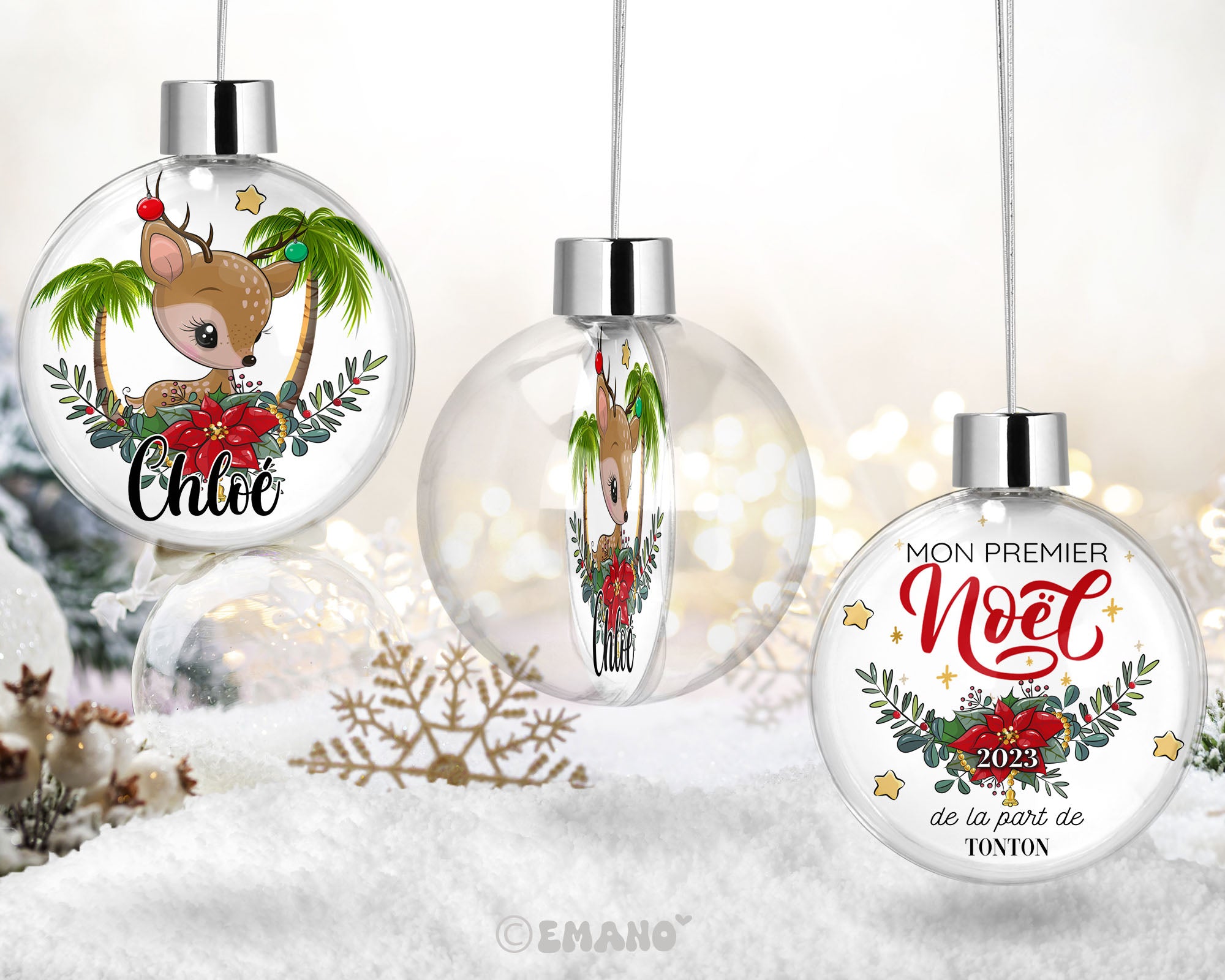 Une décoration de Noël personnalisée avec le prénom de votre choix, ornée de motifs festifs pour illuminer votre sapin et votre maison.