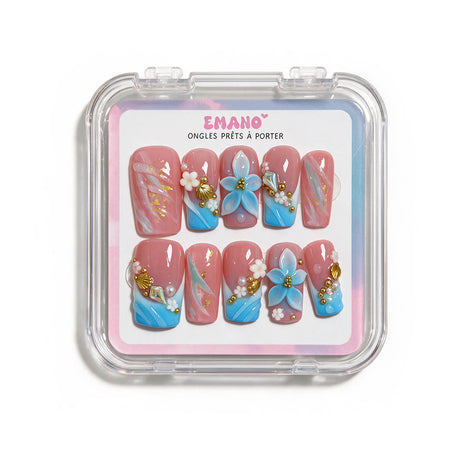 Press-On Nails Coral Bay rose corail et bleu lagon EMANO