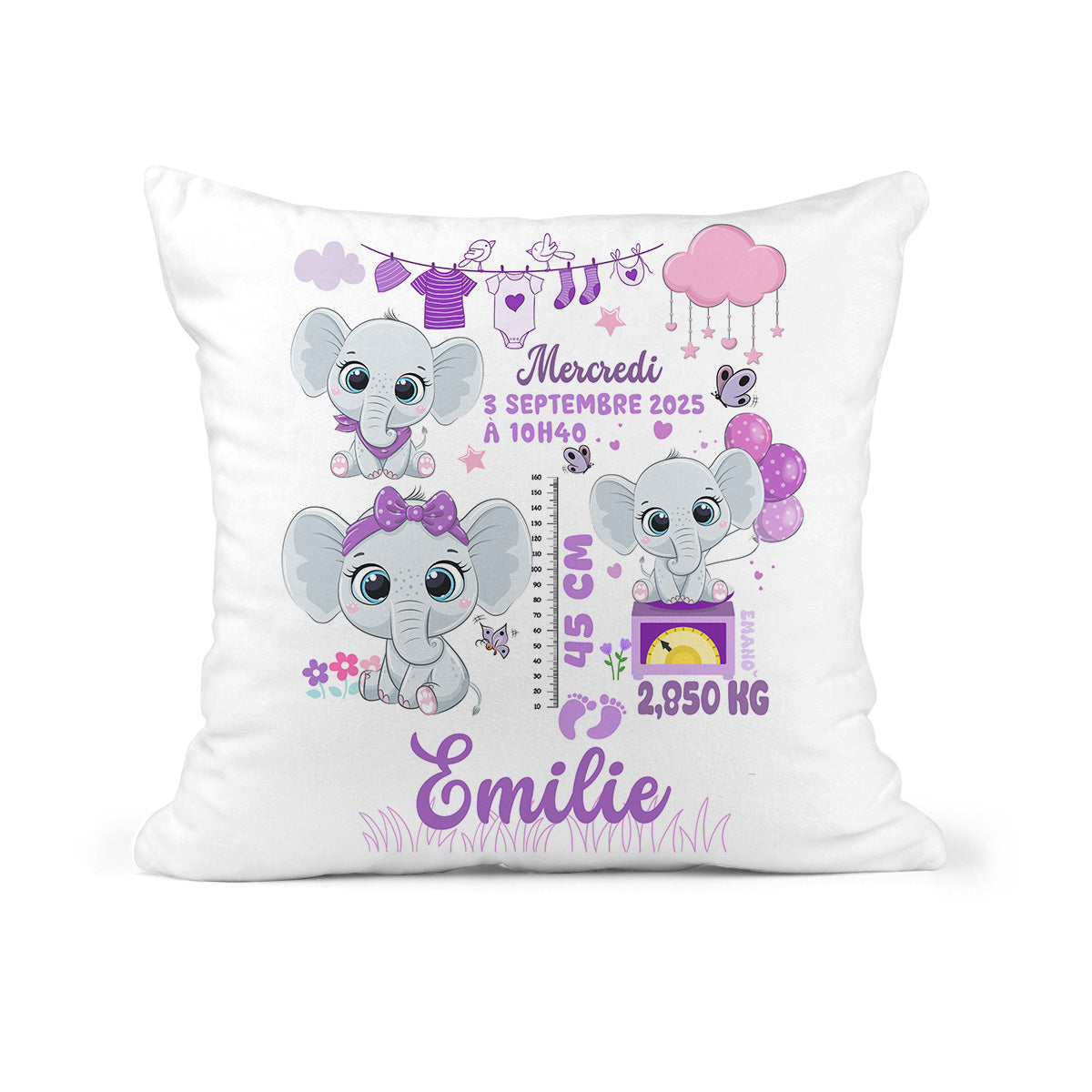 Coussin de naissance personnalisé thème éléphant avec prénom, date de naissance, taille et poids du bébé – création EMANO Nouvelle-Calédonie