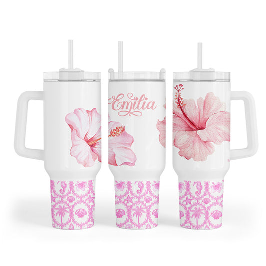 Gourde mug avec prénom hibiscus rose