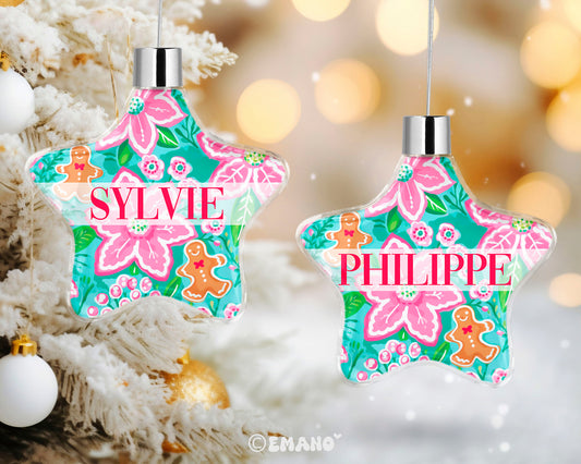 Une décoration de Noël personnalisée avec le prénom de votre choix, ornée de motifs festifs pour illuminer votre sapin et votre maison.