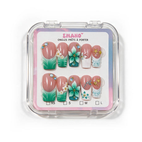Press-On Nails Jade Beach vert jade et fleurs tropicales EMANO