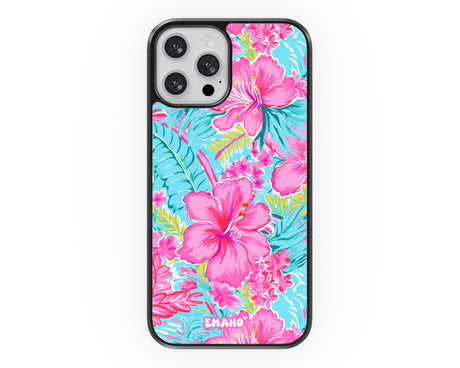 Coque iPhone Tropicale personnalisable EMANO à fleurs d’hibiscus roses