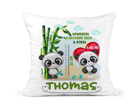 Coussin de naissance personnalisé Tao le Panda avec prénom et informations de naissance – EMANO