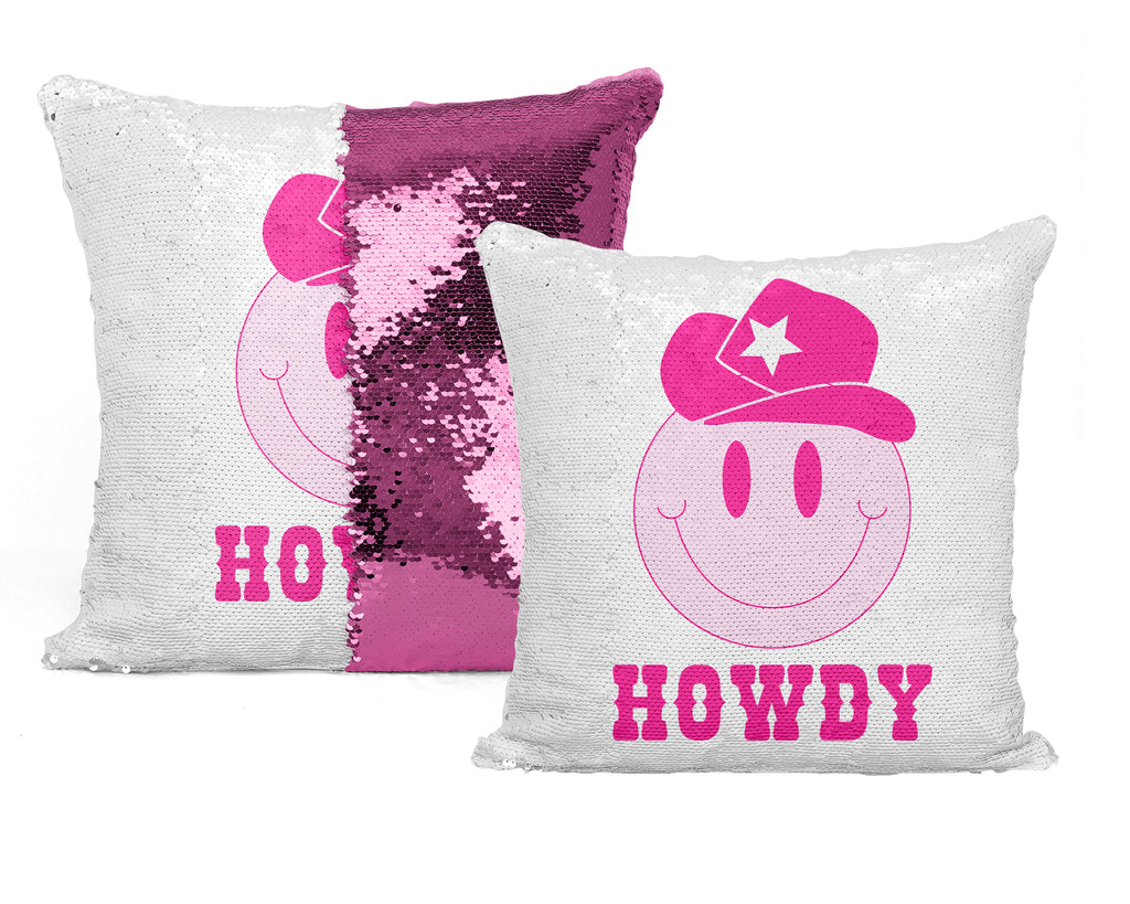 Coussin Sequin 'Smiley Cowboy' : Un clin d'œil ludique à l'ambiance western